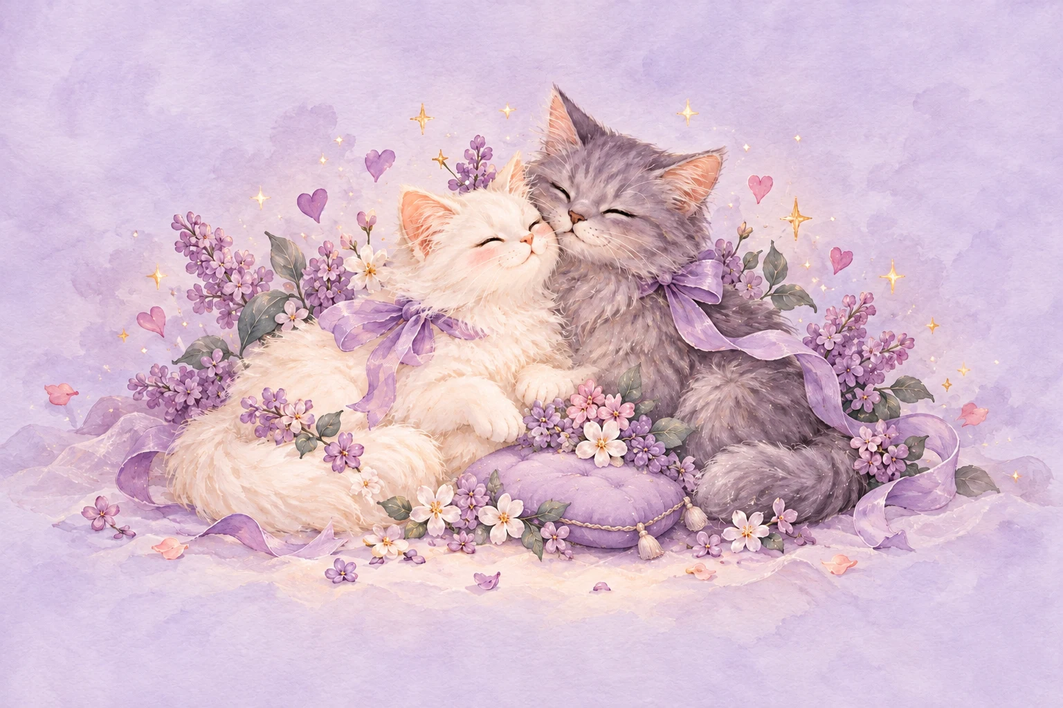 Two cuddling kittens with a cosy lavender cushion, surrounded by flowers and hearts
